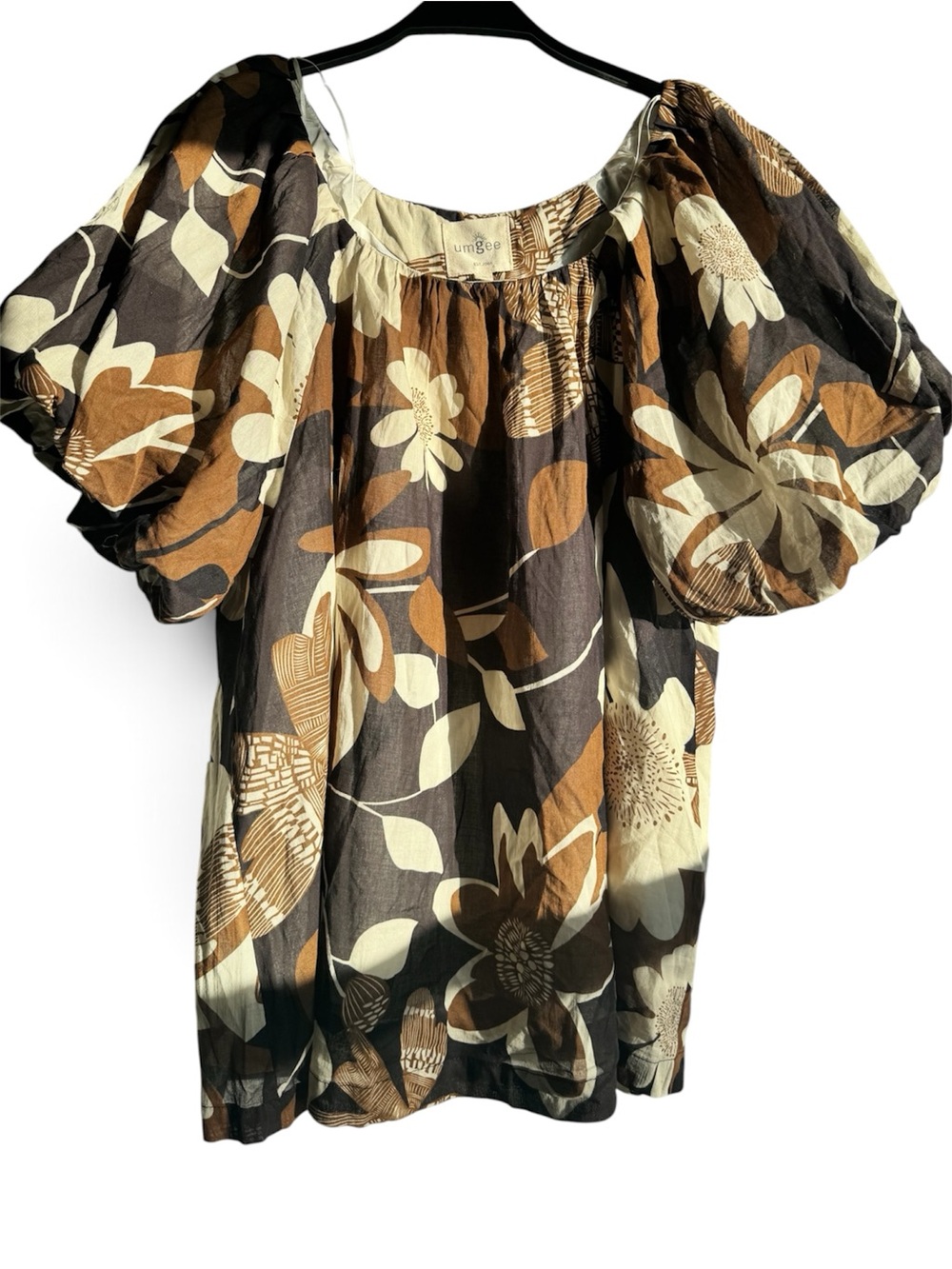 Umgee Brown Cream Floral Puff-Sleeve Peasant Blouse